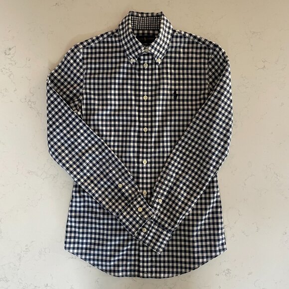 Ralph Lauren Blue Label Slim Fit LS Button Down Cotton Check Shirt Navy Wht Sz 2 - Picture 14 of 14